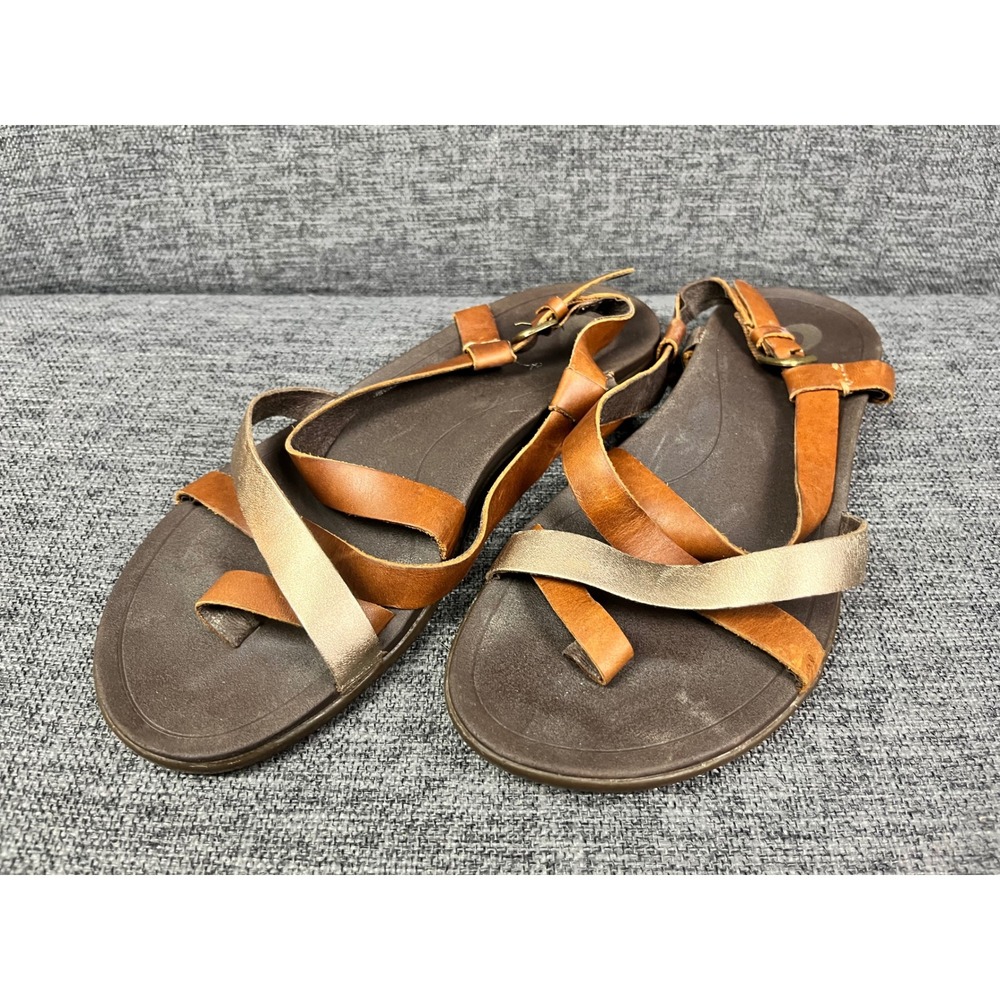 OluKai Upena Sandals Womens 9 Kona Coffee Champagne Leather Strappy - Picture 2 of 14